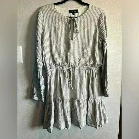 Lulus A Walk In the Park Beige Striped Long Sleeve Skater Dress Size Large - Picture 3 of 3